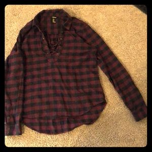 Plaid long sleeve front tie maroon shirt